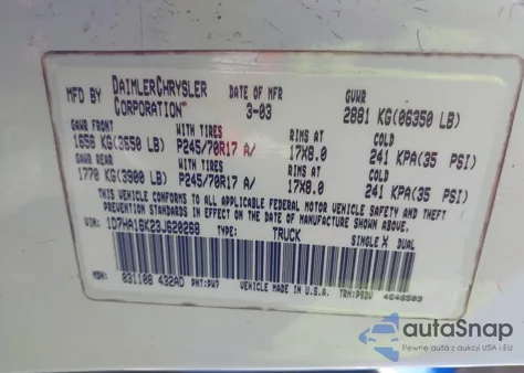 2003 Dodge Ram 1500 St из США, поврежденный, VIN 1D7HA16K23J620268